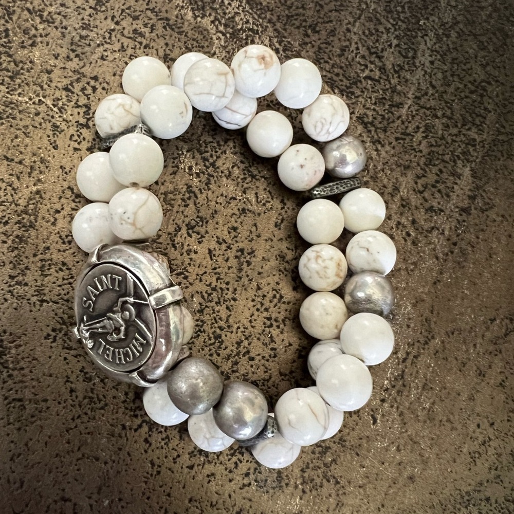 French Kande double white & silver pearl bracelet w/silver St Michel medallion.